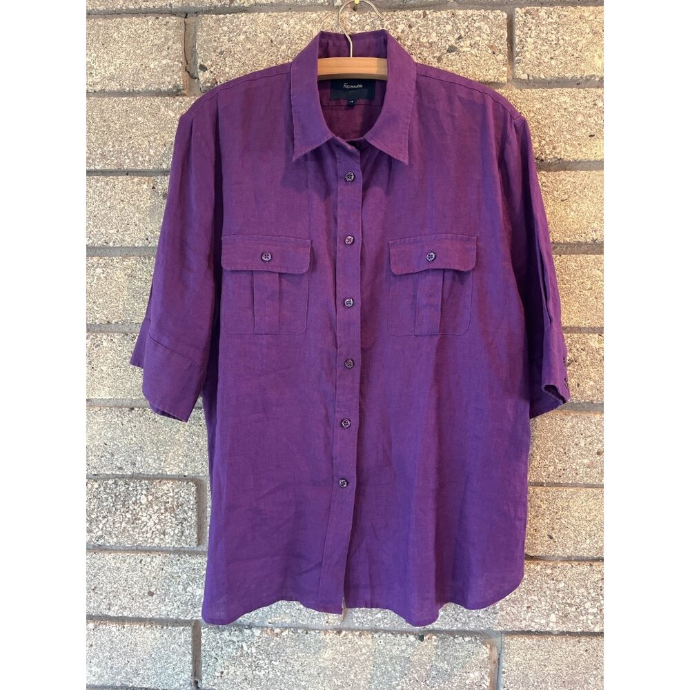 Faconnable Purple Linen Button-Up Shirt Womens Size 14 Relaxed Fit Short Sleeves